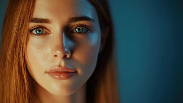 Portrait of a pretty girl with red hair and striking blue eyes, looking to her left