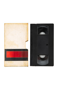 Retro VHS videotape with a worn cardboard sleeve isolated on a clean white back