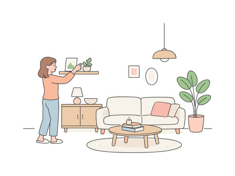 Woman finalizing home decor arrangement in living space, minimalist flat vector illustration using uniform thin outlines, simple