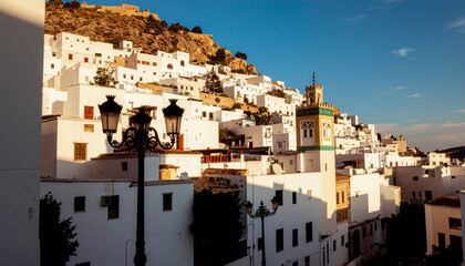 Fototapeta premium Hillside White Village at Sunset with Traditional Architecture, European Travel Destination Concept