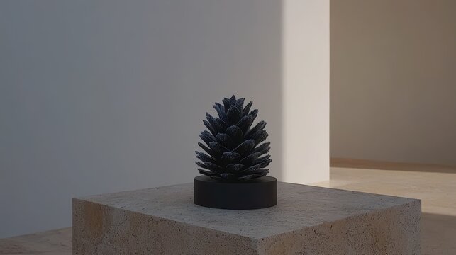 A black pine cone sculpture sits on a black pedestal in a minimalist room.