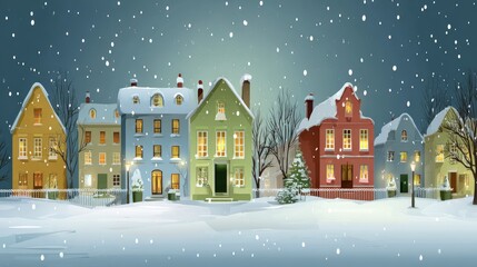 Fototapeta premium Snowy scene of colorful houses under falling snow with glowing windows