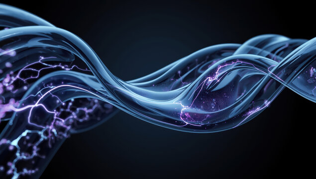 Sine wave ribbon electric arc blue glow purple particle abstract motion energy stream flowing
