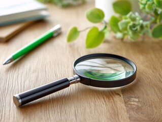 Fototapeta premium 木目調のデスクに置かれた虫眼鏡と緑色のペンや観葉植物が並ぶ明るい雰囲気のビジネス素材