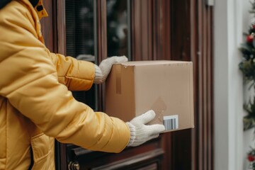 Fototapeta premium Contactless home delivery. hands holding and delivering parcel next to front door