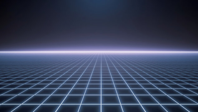 Neon grid floor horizon with glowing lines and dark gradient sky