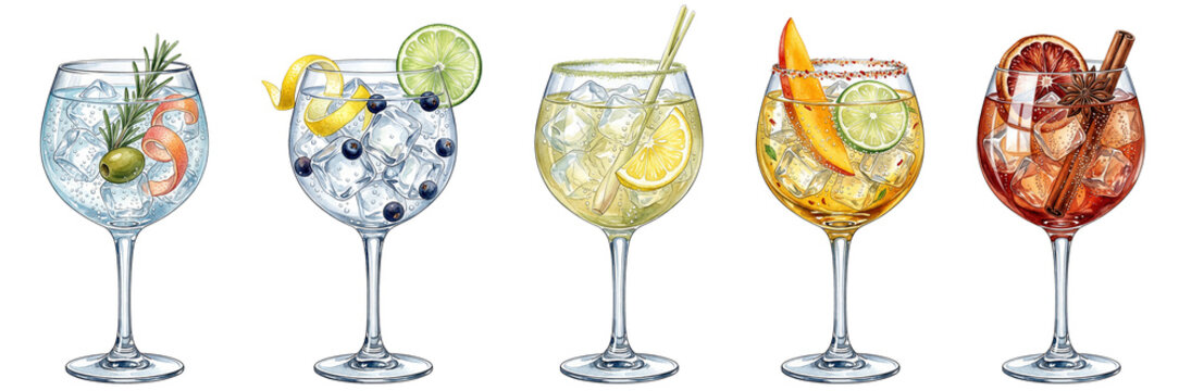 watercolor gin tonic cocktail illustrations with botanical garnishes on a transparent background