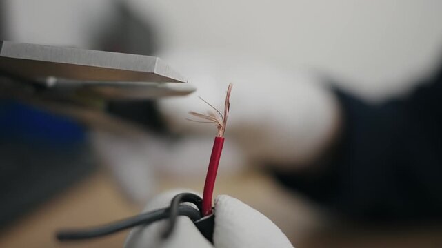 Close-up view of a worker measuring the diameter of electrical wire using a caliper