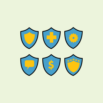 Six blue shields featuring yellow symbols for medical, gear settings, chat, currency, and premium rating on a light green background. Ideal for cybersecurity and insurance app UI elements.