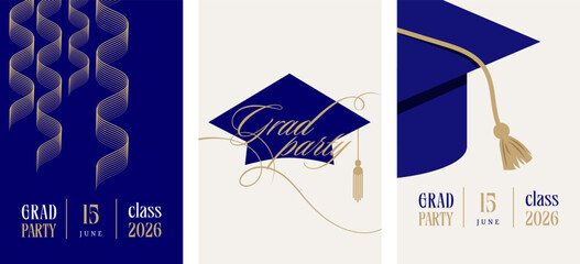 Class of 2026 elegant blue and gold graduation party celebration vertical invitations  © Marina Zlochin