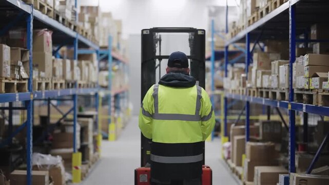 Unrecognizable worker operating a forklift in a large organized warehouse