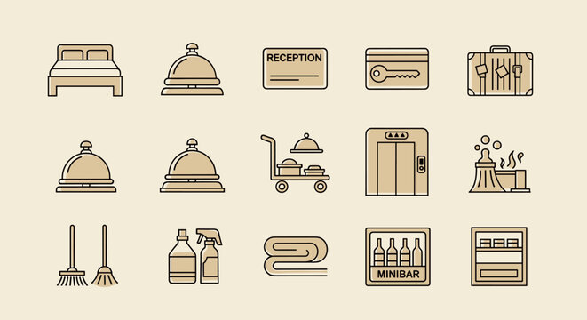 Hotel Icons Collection: Room Service and Facility Symbols in Minimalist Style