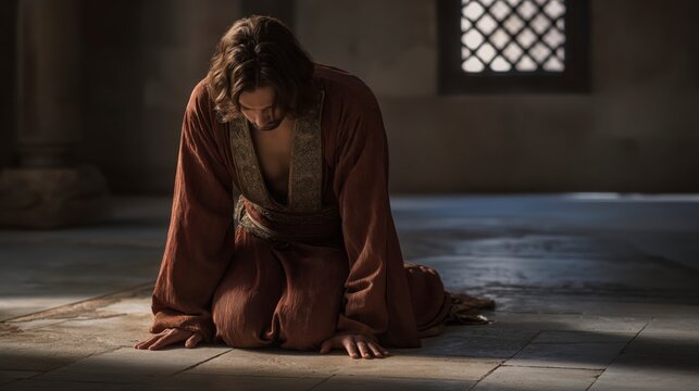 David kneels in a palace chamber with loosened robes, face bowed in repentance as soft morning light reveals solitude, humility, and a contrite heart.
