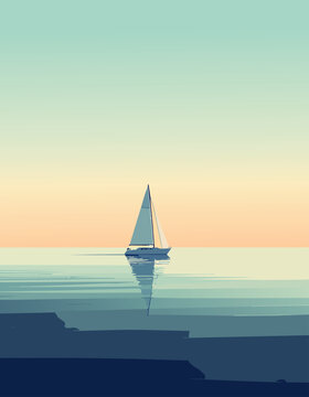  Velero navegando en mar tranquilo con cielo c&aacute;lido y reflejo suave.
