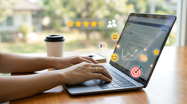 Analyzing customer feedback and online reviews on a laptop with interactive charts and emojis