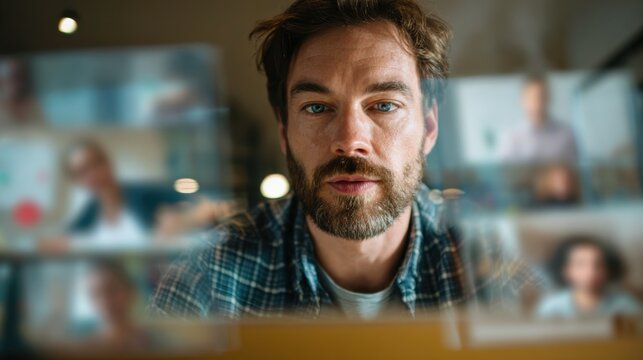 Man interacting with tablet for virtual tutoring medium shot capturing his thoughtful expression with splitscreen video chat and whiteboard interface blurred in background.