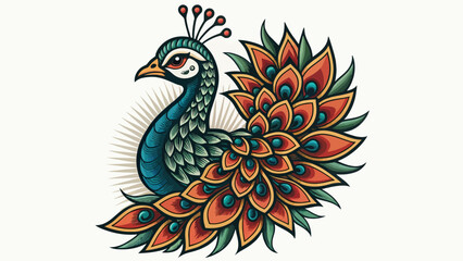 Fototapeta premium A vibrant peacock with colorful feathers and a stunning tail is displayed in a traditional tattoo style illustration.
