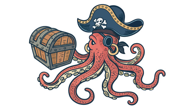 A cartoon octopus wearing a pirate hat and eye patch stands next to a treasure chest