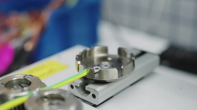 Wire testing process machinery in operation checking quality in cable production facility laboratory