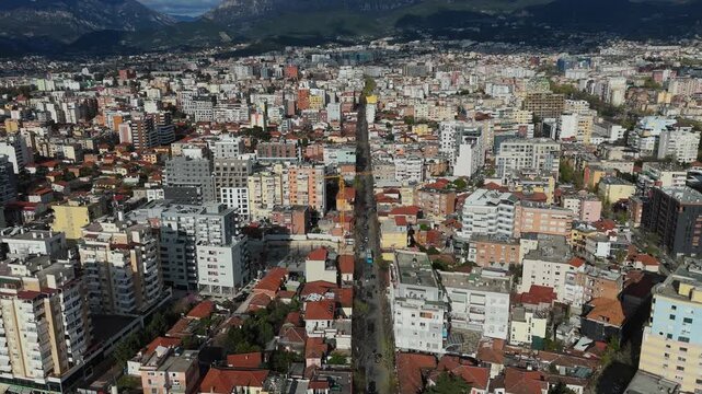Dense Tirana Cityscape with Central Tower Aerial View