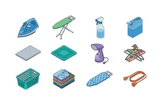 Collection of isometric laundry and ironing supplies for household chores