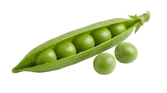 Fresh green pea pod with five round peas inside, isolated on transparent background