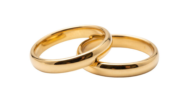 Two polished gold wedding rings intertwined, isolated on transparent background