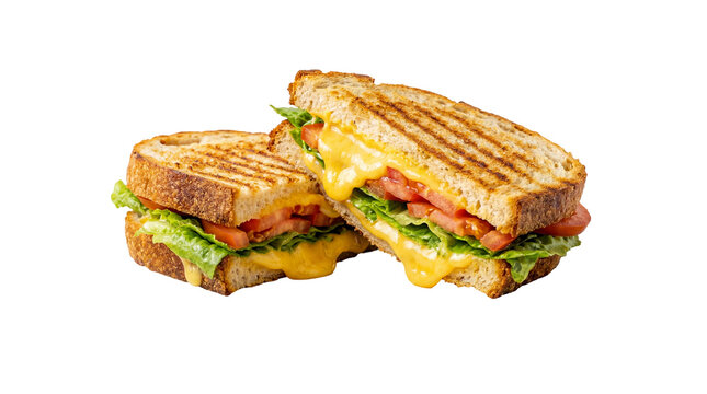 Grilled cheese sandwiches with lettuce and tomato oozing melted cheese, isolated on transparent background