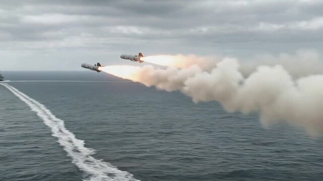 Anti-ship missiles launching from mobile coastal defense system. Panning shot of projectiles flying over ocean toward naval vessel.