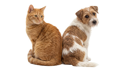 Orange tabby cat and Jack Russell terrier dog sitting back to back, isolated on transparent background