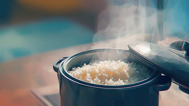 蒸気の立つ炊飯器と炊きたてご飯の調理イメージの水彩ポリゴン