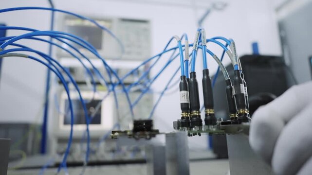 High-tech electronic cable testing process in a modern industrial production facility laboratory
