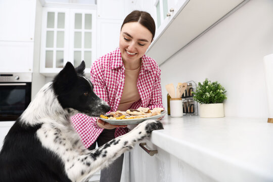 Woman with plate of bone shaped cookies near cute dog in kitchen