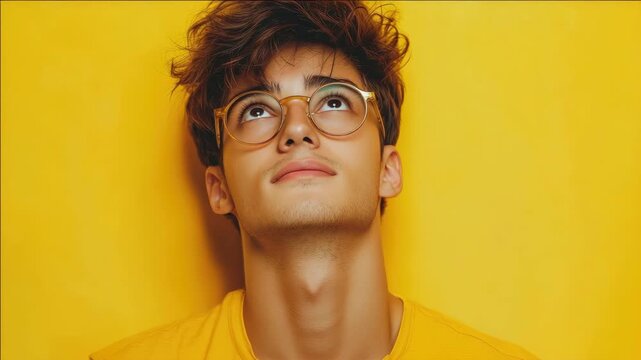 A young man wearing glasses, deep in thought with a surprised or contemplative look. He is set against a bright yellow background which accentuates his expression and the overall mood of the video.