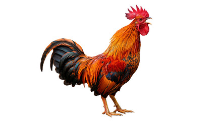 Brightly colored rooster with red comb and tail feathers, isolated on transparent background © Ozols