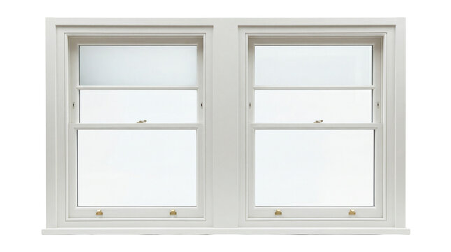 White wooden double sash window with brass latches, isolated on transparent background