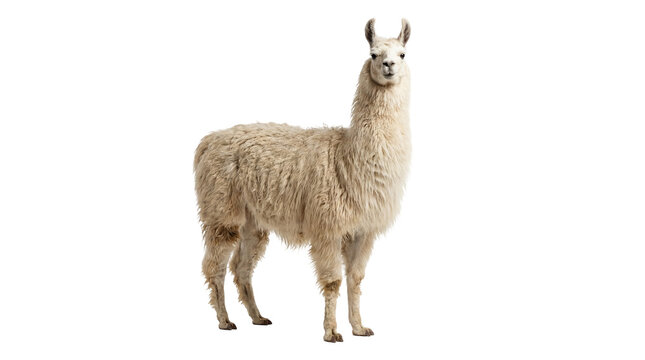 Fluffy white llama standing, isolated on transparent background