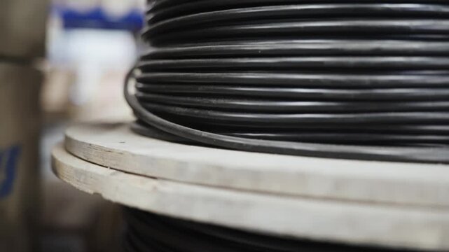 Industrial close-up of black cables spool in a production environment