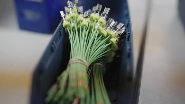 Close-up of bundled green cables in an industrial setting