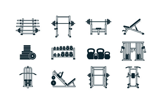 Collection of gym equipment icons for strength training and fitness