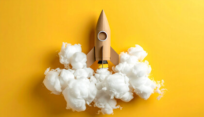 Cohete de cartulina azul con humo de algodón sobre fondo amarillo, ideas, emprendimiento, innovación, startups marketing, tecnología, crecimiento, imaginación y exito en desarrollo de proyectos