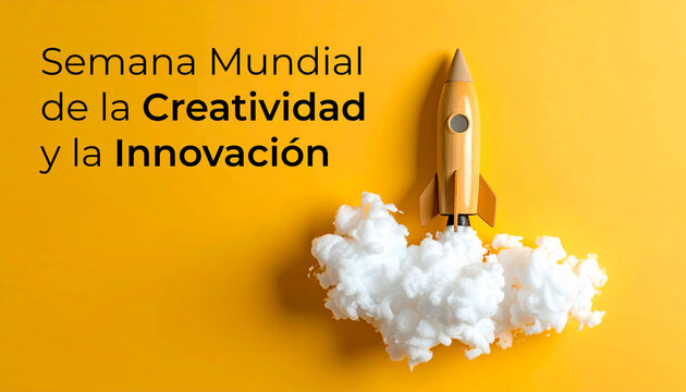 Cartel de la Semana Mundial de la Creatividad y la Innovaci&oacute;n con un cohete de cart&oacute;n, humo de algod&oacute;n y texto sobre fondo amarillo con espacio para copy