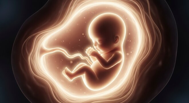 Artistic 3D Illustration of a Human Fetus Developing Inside the Womb with Umbilical Cord