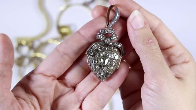 Hand Holding Vintage Heart Pendant With Rhinestones and Bow Necklace Jewelry Close-Up