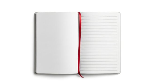 Open Notebook Mockup with Red Ribbon Bookmark and Lined Page Isolated on White Background