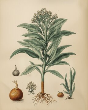 Vintage botanical illustration of a spikenard plant with detailed leaves flowers and roots in fine ink and soft watercolor