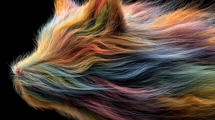 Obraz premium Dynamic colorful faux fur blowing in the wind featuring soft fluffy 3D fibers, Generative AI illustrations.