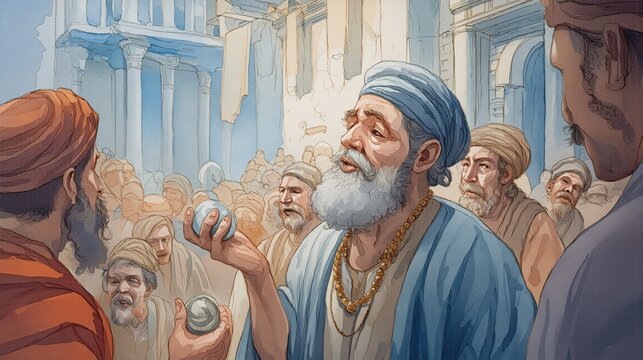 Watercolor illustration of the parable of the pearl of great price with a merchant holding a single luminous pearl