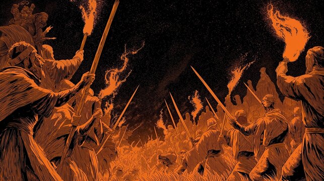 Woodcut style illustration of Gideon and the three hundred warriors with torches and clay jars at night