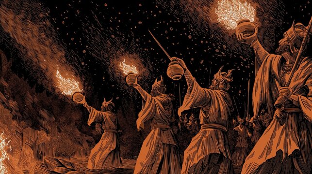 Woodcut style illustration of Gideon and the three hundred warriors with torches and clay jars at night